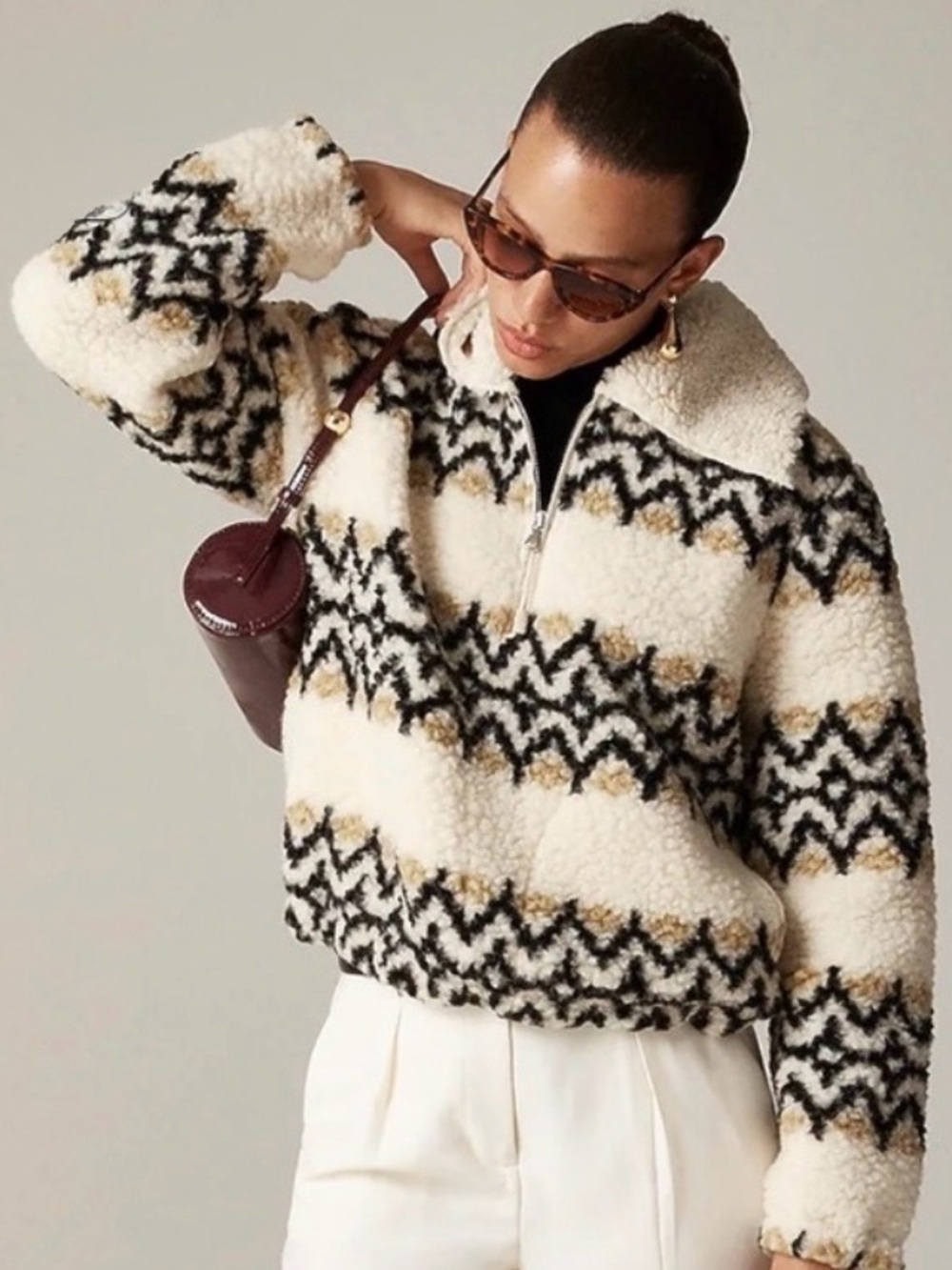 J.Crew Fair Isle Jacquard Sherpa Half-Zip Fleece Pullover Nordic Natural Size M